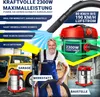A collage of images showcasing a vacuum cleaner in different settings (garage, workshop, construction site) with a man demonstrating its use and highlighting its features. Produktbild-Vorschau