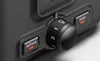 A close-up view of the control panel of a black toaster, showing a dial and two buttons. Produktbild-Vorschau