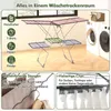 A collapsible laundry drying rack is shown in a room with a washing machine and dryer in the background. The image also includes close-ups of the drying rack's features and icons representing different types of laundry. Anteprima dell’immagine prodotto