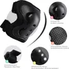 A set of black protective gear for children, including elbow pads, with close-up views highlighting features. Produktbild-Vorschau