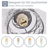 Close-up of a light fixture socket with decorative crystals, and four different types of G9 LED bulbs shown below. Podgląd zdjęcia produktu