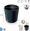 Product image showing a black planter with dimensions and features indicated by icons and text. Anteprima dell’immagine prodotto