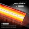 Close-up of a glowing infrared heating element with text overlays describing its features. Produktbild-Vorschau