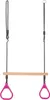 A pair of gymnastic rings with a wooden bar, suspended by ropes, against a white background. Podgląd zdjęcia produktu