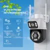 A security camera mounted on a wall, with promotional text and icons on a blue background. Produktbild-Vorschau
