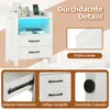 A white nightstand with LED lighting and a charging station, shown with close-up details of its features. Produktbild-Vorschau