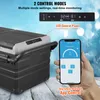 A portable car refrigerator is shown with its LED control panel and a smartphone displaying its app control interface. Produktbild-Vorschau