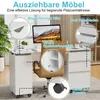 A white desk with a computer monitor and a brown office chair, with callouts highlighting features. Produktbild-Vorschau