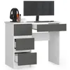 A white and graphite gray computer desk with a monitor, keyboard, headphones, and pens. Produktbild-Vorschau