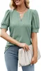 ASKSA Damen T-Shirt Puffärmel Aushöhlen Bluse V-Ausschnitt Produktbild-Vorschau 1