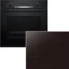 A black built-in oven and a black induction hob are shown side-by-side against a white background. Produktbild-Vorschau