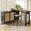 A black bar cabinet with rattan doors and a black bar table with stools in a well-lit room with a large window. Podgląd zdjęcia produktu