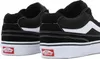Close-up rear view of two black Vans sneakers with white accents and soles. Voir les images du produit