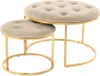 Two nesting round ottomans with tufted taupe fabric tops and gold metal frames. Produktbild-Vorschau