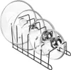A black metal pot lid organizer holding four glass pot lids of varying sizes. Produktbild-Vorschau