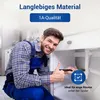 A smiling plumber in blue overalls is working under a sink, giving a thumbs up. The image highlights the product's suitability for tight spaces. Produktbild-Vorschau