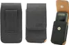 Three views of a black leather phone case, one showing the back with a clip, one showing the front closed, and one showing the front open with a phone inside. Podgląd zdjęcia produktu