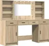 A makeup vanity table with shelves, a mirror with lights, and drawers and cabinets. Náhled obrázku produktu