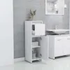 A white bathroom cabinet with its doors open, showing shelves with towels and a glass jar. A sink and vanity are visible in the background. Produktbild-Vorschau