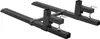 A pair of black metal pallet forks with adjustable stabilizers, shown from a diagonal angle against a white background. Voir les images du produit