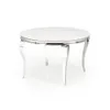 A round coffee table with a white marble top and silver legs, shown on a white background. Produktbild-Vorschau