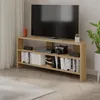 A modern corner TV stand with a TV, game consoles, and books, set in a living room with a plant and curtains. Produktbild-Vorschau