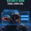 A motorcyclist wearing a helmet with a futuristic overlay showing a communication device and interface options. Náhled obrázku produktu