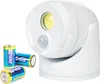 A white motion-activated LED spotlight with batteries is shown against a white background. Produktbild-Vorschau