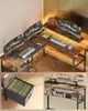 A collage of images showing a large, L-shaped desk with multiple monitors, keyboards, and accessories. One smaller image shows a file organizer with folders, and another shows a shelf unit with books and small items. Náhled obrázku produktu