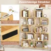 A S-shaped bookshelf filled with books and decorative items, with close-up insets showing assembly hardware and protective felt pads. Podgląd zdjęcia produktu