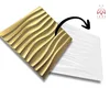 A golden, wavy 3D wall panel is shown partially covering a white, wavy panel, with a black arrow indicating a transition or comparison. A logo is present in the top right corner. Produktbild-Vorschau