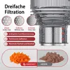 Close-up marketing image showing the filtration system and processed ingredients of a slow juicer. Produktbild-Vorschau