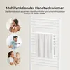 Collage showing a white towel warmer with lifestyle images of people using towels. Voir les images du produit