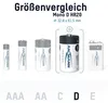 A size comparison chart showing different battery sizes, with a focus on the 'D' size battery. Produktbild-Vorschau