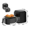 A black air fryer with its basket and rack shown separately, along with dimensions indicated by lines and text. Produktbild-Vorschau