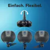 A marketing image showing a pond pump with its adjustable nozzle and three different configurations of the pump unit. Produktbild-Vorschau
