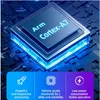A stylized image of a computer chip with glowing blue lights, accompanied by text describing its features. Produktbild-Vorschau