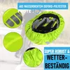 Collage of images showcasing a bright green helmet cover with reflective elements. Produktbild-Vorschau