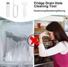 A collage showing cleaning tools for a refrigerator drain hole on the top left, a heavily frosted refrigerator interior on the bottom left, and a woman reacting to a bad smell from an open refrigerator on the right. Produktbild-Vorschau
