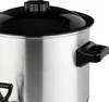 A close-up shot of a stainless steel slow cooker with a black lid and handle. Produktbild-Vorschau