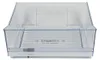 A clear plastic crisper box for a refrigerator, designed for storing fruits and vegetables. Produktbild-Vorschau