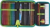 An open pencil case filled with colored pencils, pens, a ruler, an eraser, and a sharpener. Podgląd zdjęcia produktu