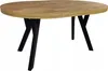 A round dining table with a wood-grain top and black metal legs, shown against a white background. Náhled obrázku produktu