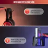 The image shows two separate sections, each highlighting an integrated accessory for a gaming desk. The top section features a headset hanging on a hook, labeled as a headset holder. The bottom section displays a can in a cup holder, labeled as a practical Produktbild-Vorschau