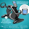 A product image of a black and silver mini exercise bike with a remote control and display, set against a teal background with text overlays describing its features. Produktbild-Vorschau