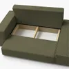 A green corner sofa with its storage compartment open, revealing the wooden frame inside. Náhled obrázku produktu