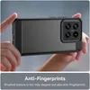 A person is holding a smartphone with a black protective case on it. The case has a brushed texture and carbon fiber accents on the sides. The text "Anti-Fingerprints" is displayed below the phone. Produktbild-Vorschau