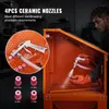 A person is using a sandblasting gun inside an orange sandblasting cabinet, with close-ups of ceramic nozzles. Voir les images du produit