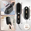 Collage of images showing a Duronic HS90 BK 2-in-1 steam iron in use and its dimensions. Produktbild-Vorschau