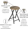 A folding stool with descriptive text and close-up views of its features. Produktbild-Vorschau